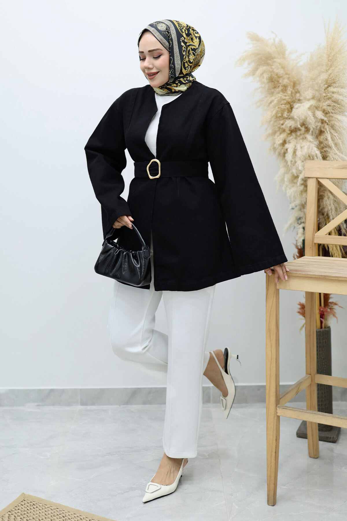 Tesettür Dünyası  Kemerli Kot Ceket TSD250251 Siyah - Görsel 5