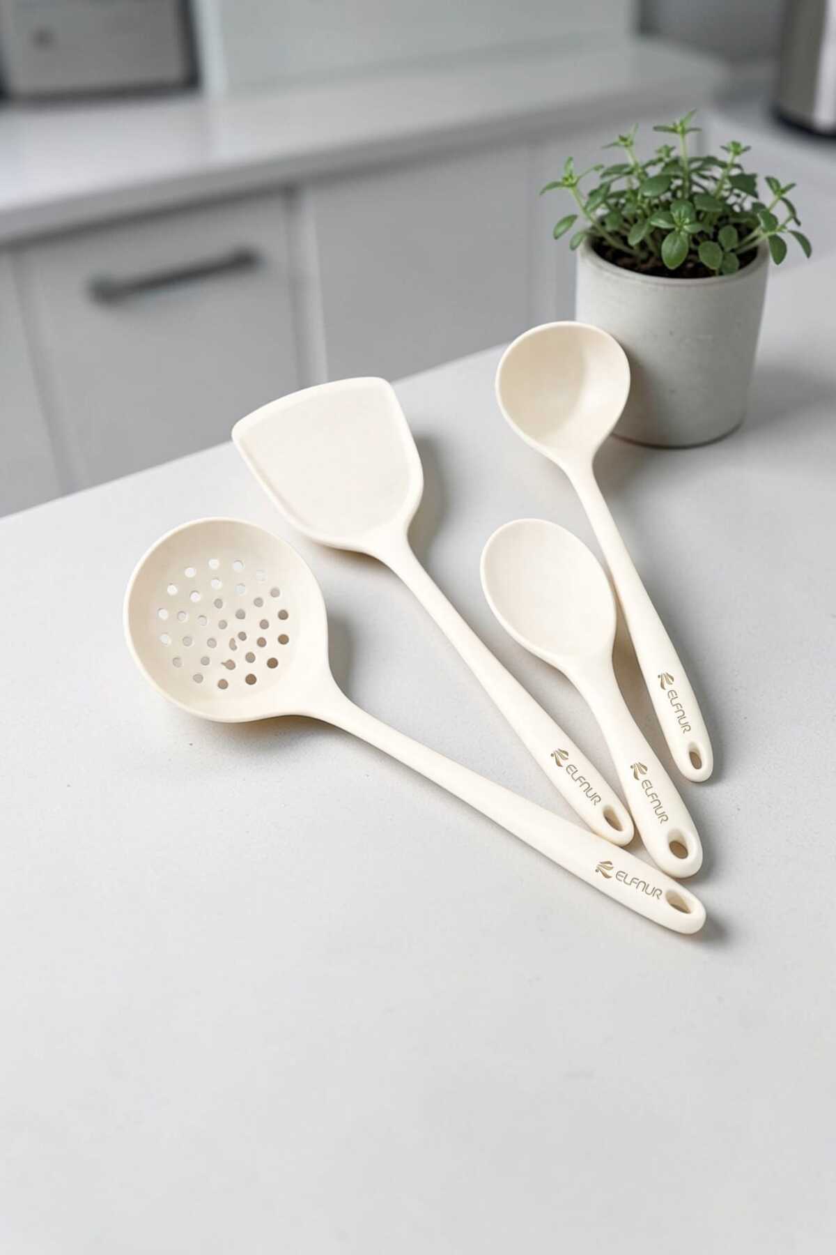 Hard Tip Heat Resistant Silicone Colander Spatula Bucket Spoon Set 4pcs