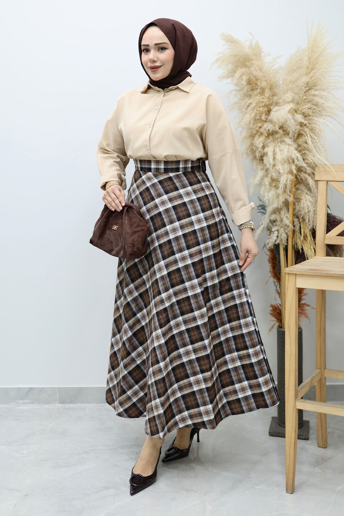 Tesettür Dünyası  Ekose Etek TSD260102 Hardal - Görsel 5