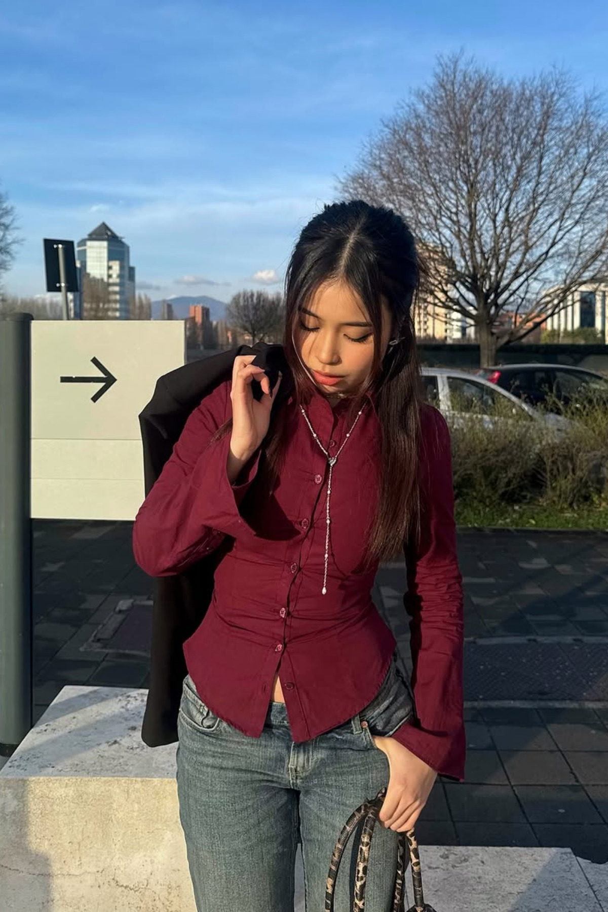 Seeh Bordo Uzun Kollu Vücuda Oturan Gömlek SH356 görsel 8