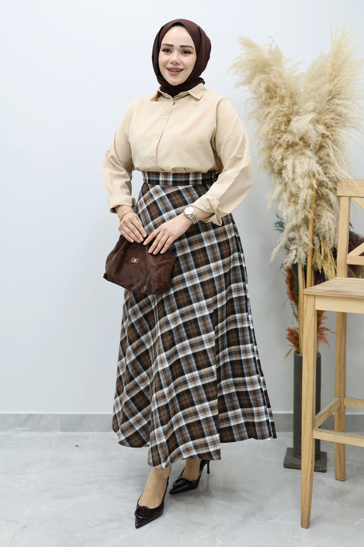 Tesettür Dünyası  Ekose Etek TSD260102 Hardal - Görsel 3