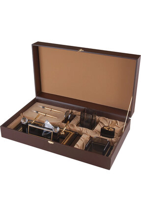 mercanpromosyon Kişiye Özel İsim Yazılı Lüks Kristal Masa Seti - Özel Deri Ça...