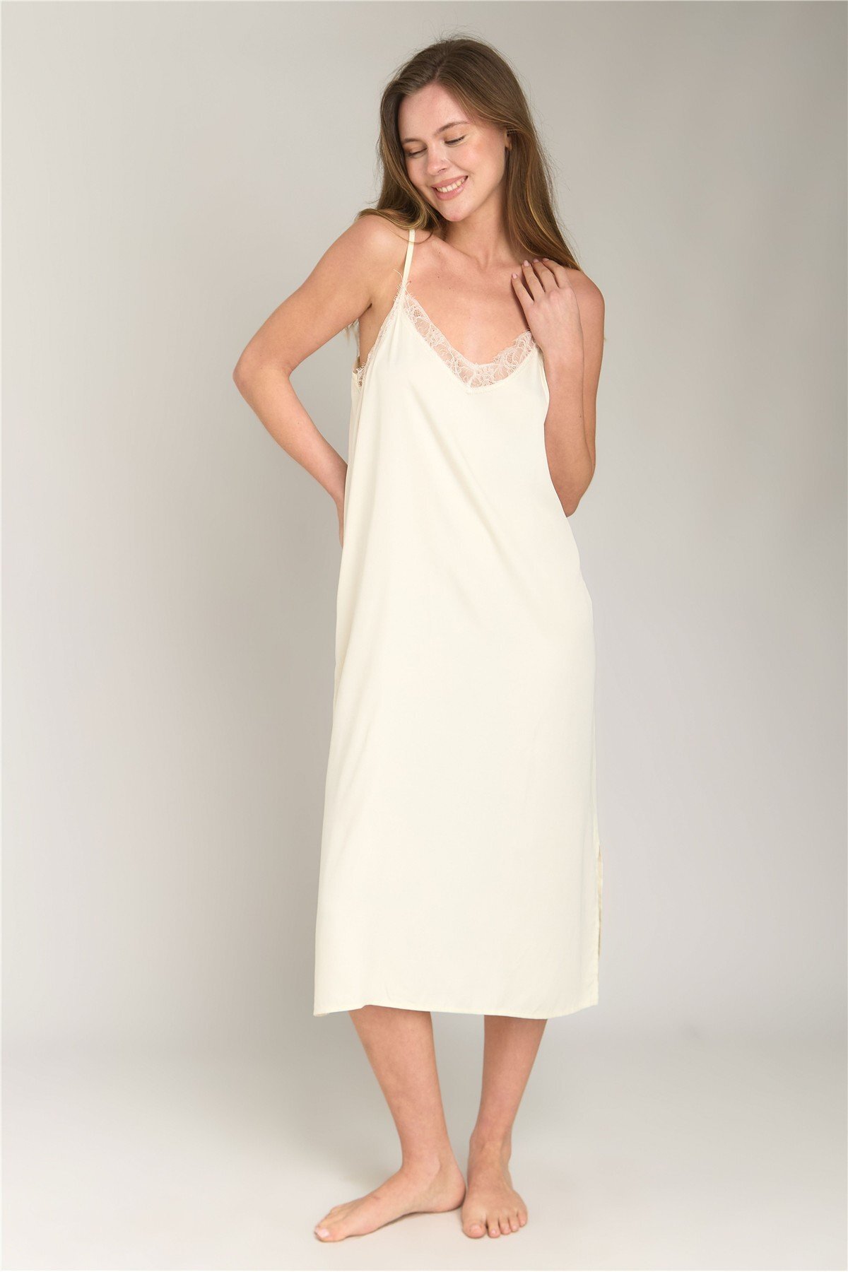 LOVELY THINGS Darlene Saten İp Askılı Gecelik - Ekru
