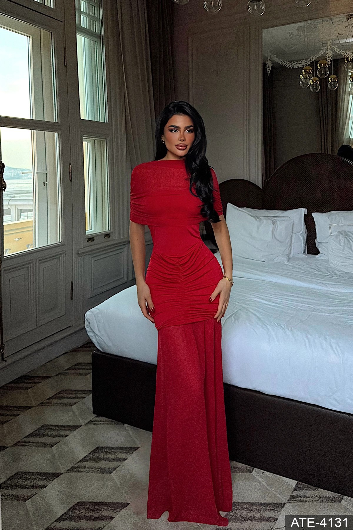 shannom büzgü detaylı uzun elbise