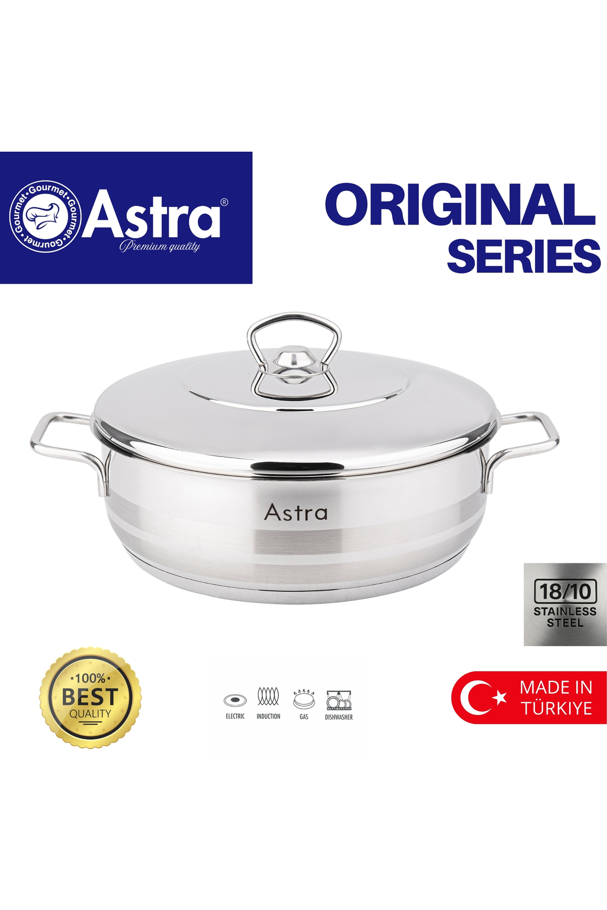 Astra 32x13cm Low Casserole | 18/10 Stainless Steel Pot | Induction Compatible | Healthy Cooking
