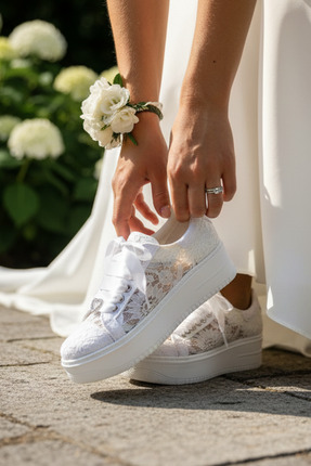 Stilo Beyaz Dantel Gelinlik Ayakkabısı 4 cm Topuklu Konforlu Abiye Spor Gelin...