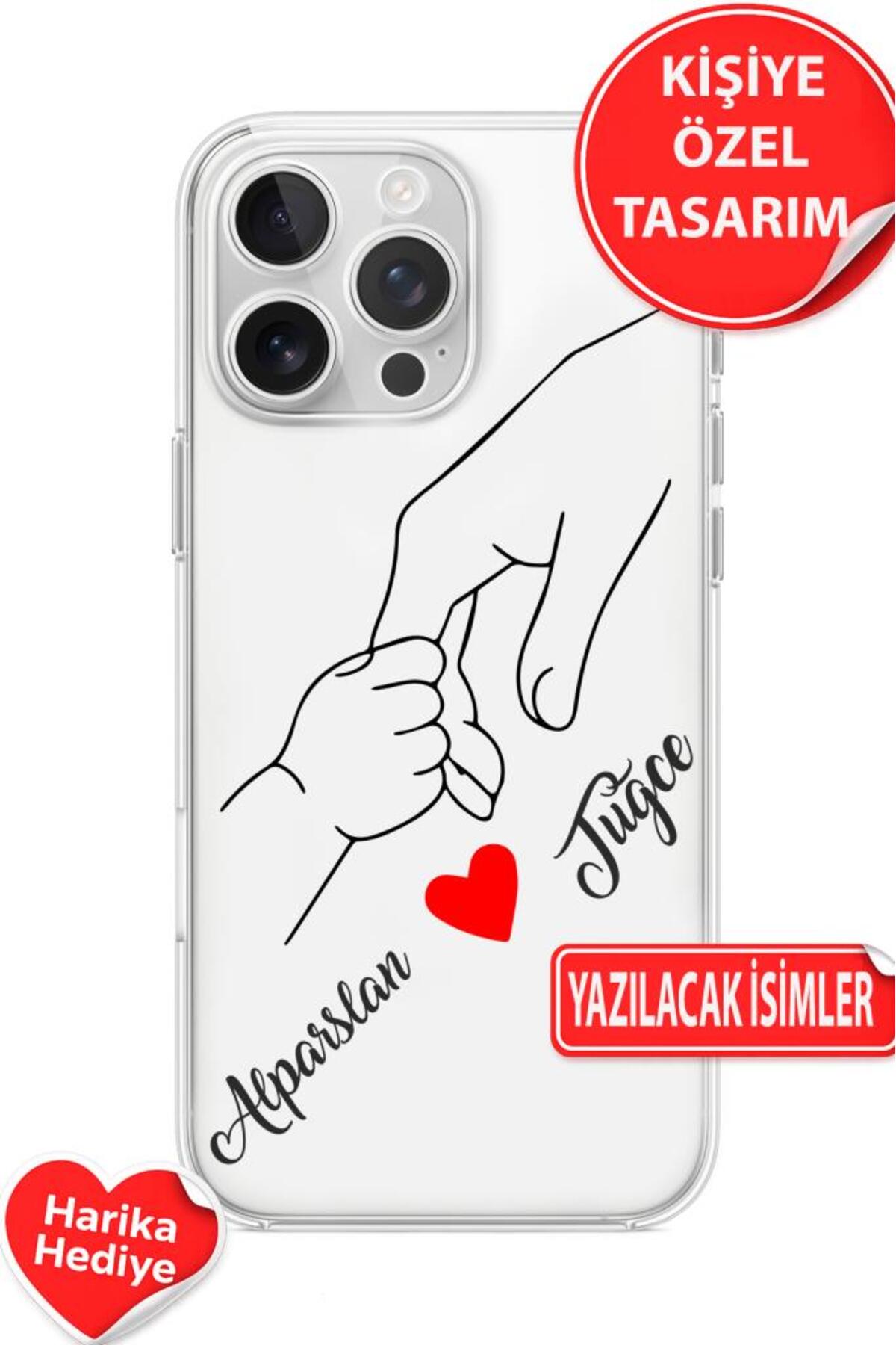 Iphone 14 Pro Max Compatible Mother Baby Name Added Hand in Hand Love Heart Pattern Transparent Silicone Case