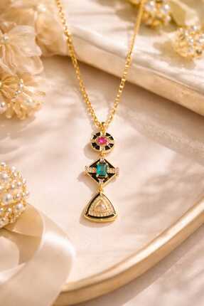 Fashionjewelery Kadın Mat Altın Kaplama Geometrik Formlu Renkli Taşlı Siyah M...