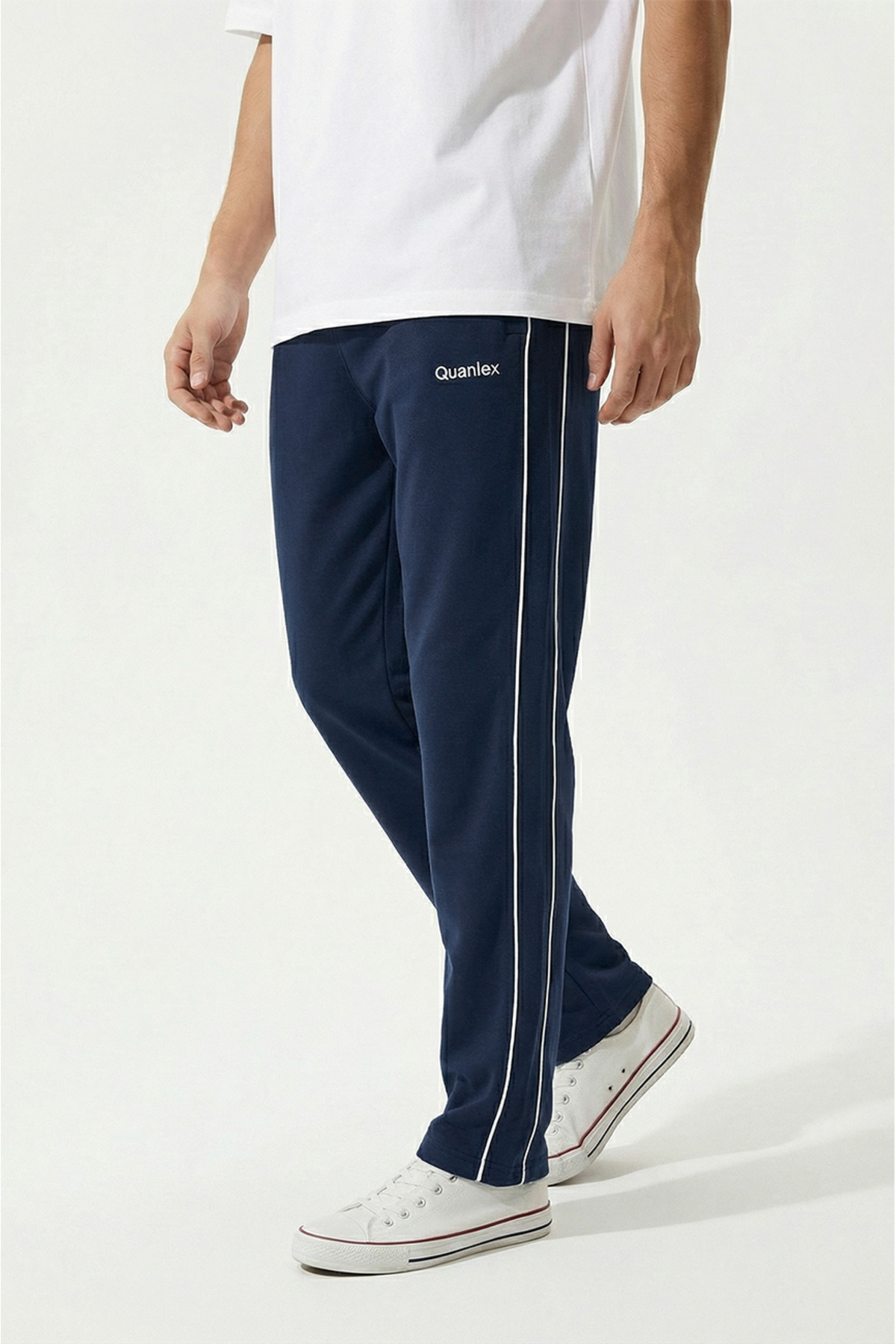 Quanlex Navy Blue Comfortable Fit Side Double Piped Combed Cotton Sweatpants with Zipper Pocket and Straight Leg
