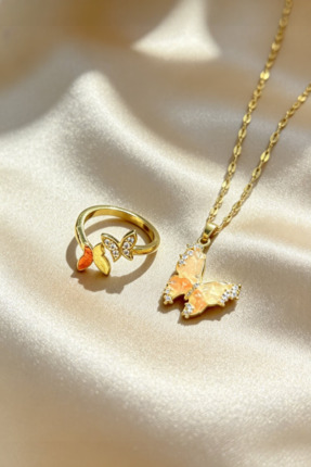 S&J TAKI Işıklı Özel Kutulu Gold Kelebek Etkisi Takı Seti Gümüş Kaplama Pasla...