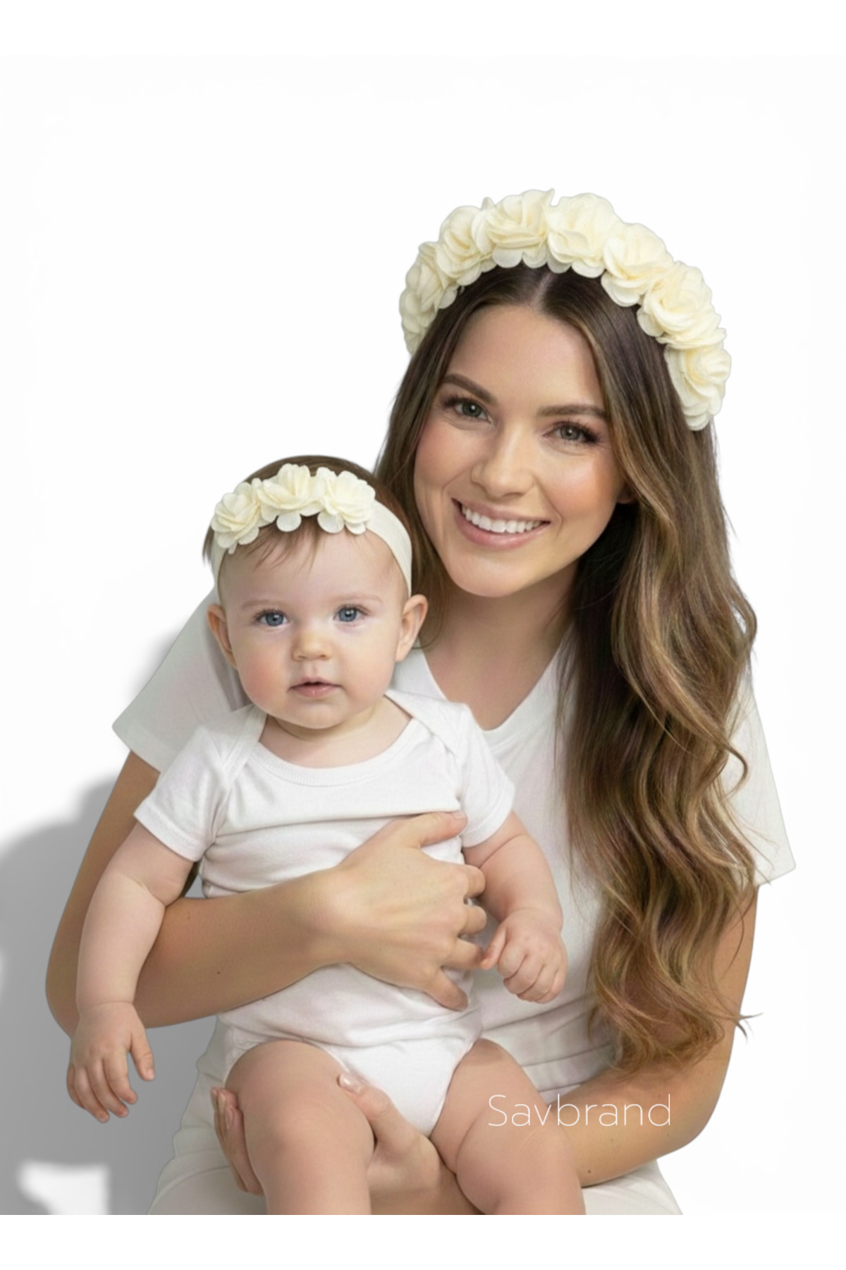 SavBrand Krem Çiçekli Anne tacı ve Bebek Bandanası fotoğrafı 2 (önizleme)