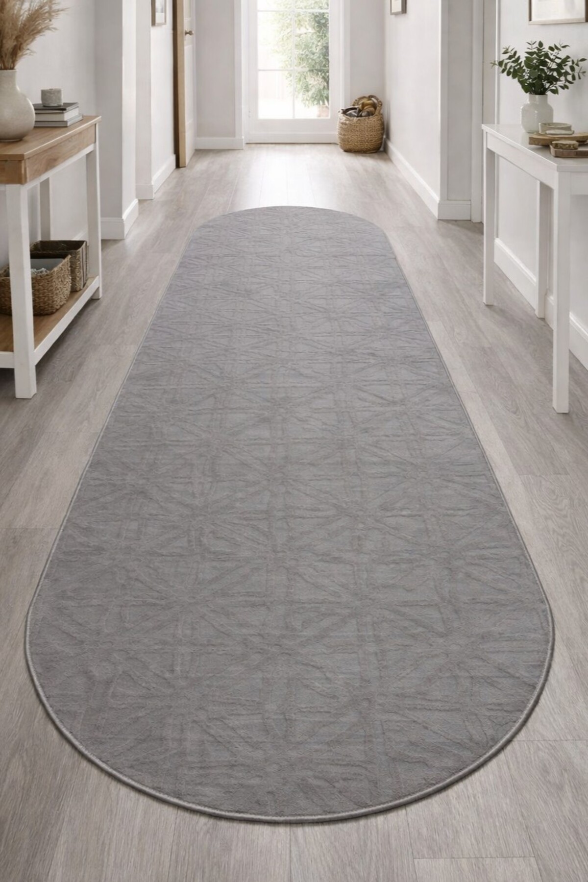 Trojan Oval Cut Relief Anti-Slip Floor Washable Living Room Kitchen Corridor Carpet Runner Rug GREY