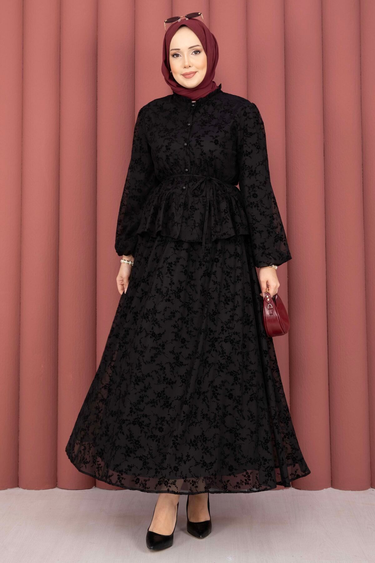 EBRUTESETTÜR Flok Printed Collar Ruffle Detail Inside a Lined Skirt Set Black