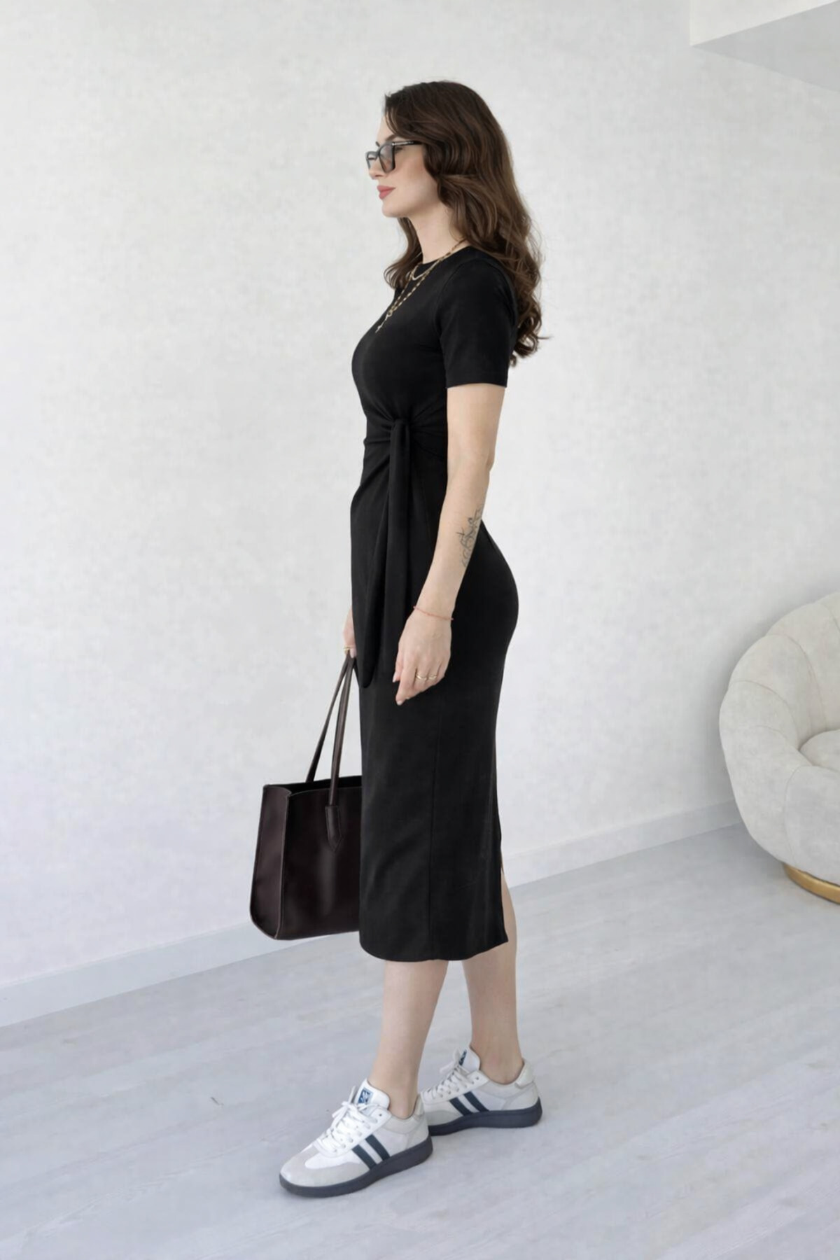 LACASE  Yan Bağlamalı Modal Uzun Siyah Elbise. - Görsel 2