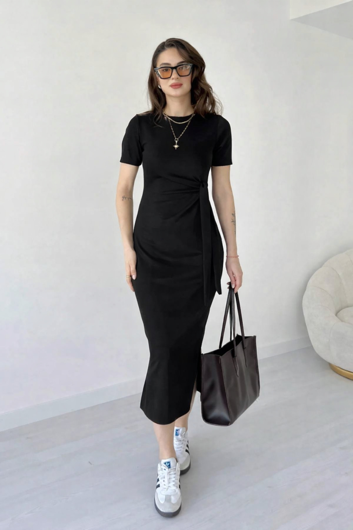 LACASE  Yan Bağlamalı Modal Uzun Siyah Elbise.