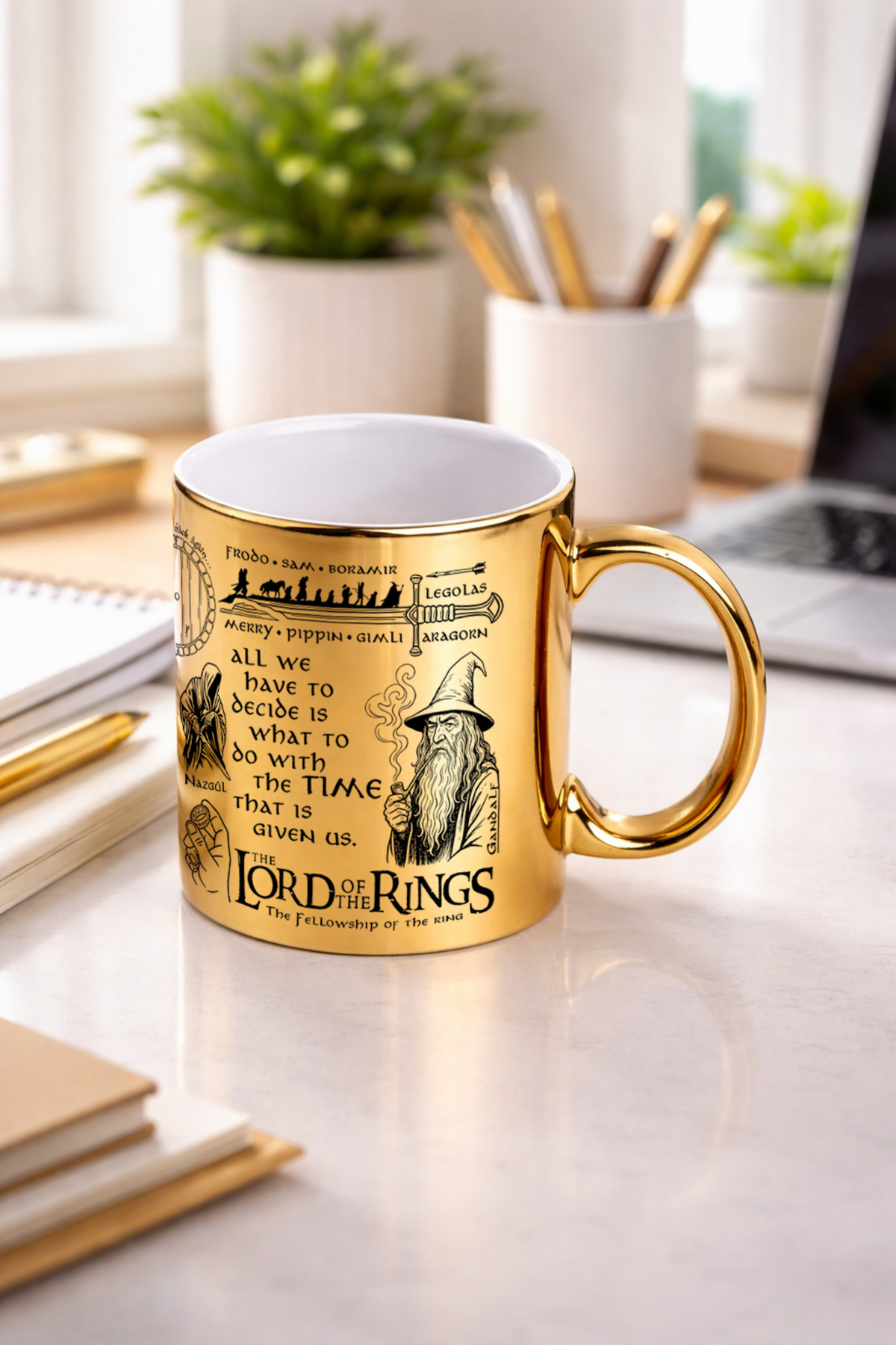 LOTR Lord of the Rings Themed Porcelain GOLD MUG