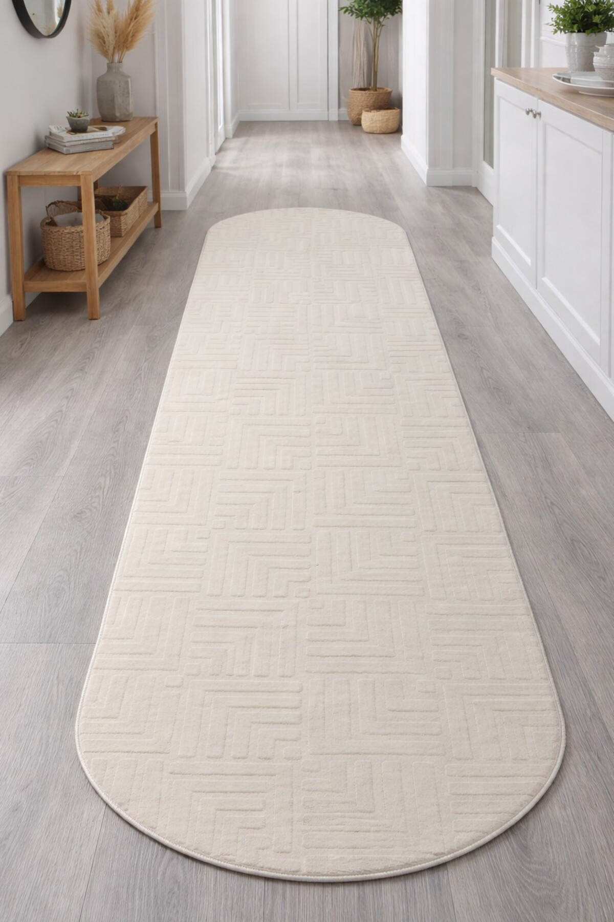 Çeşme Oval Cut Relief Non-Slip Floor Washable Living Room Kitchen Corridor Carpet Runner Rug CREAM