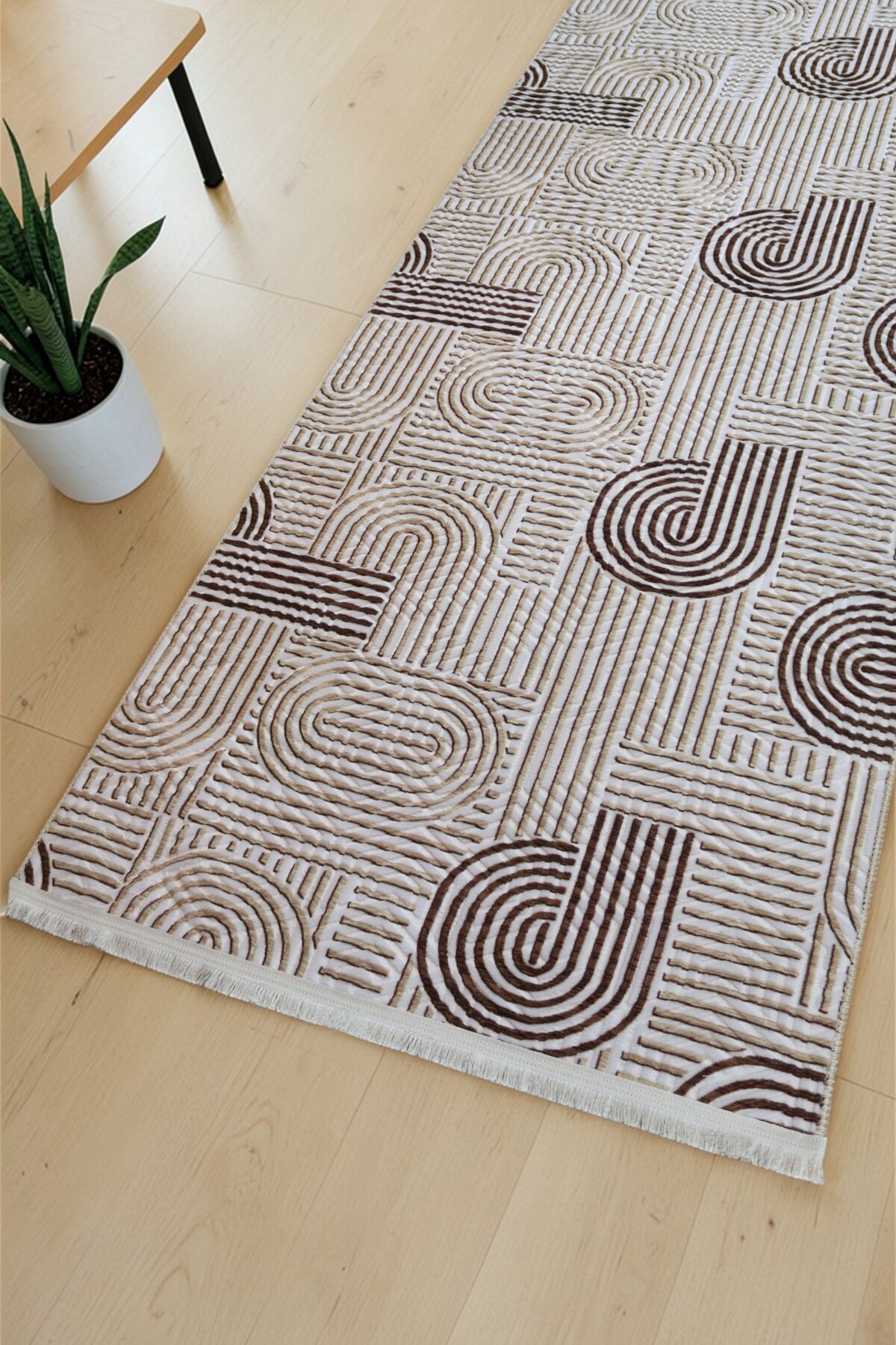 Asel FRINGED Non-Slip Base Cutting Embossed Living Room Corridor Kitchen Washable Brown