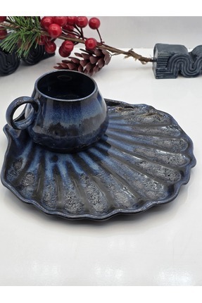 atolye okyanus Okyanus Mavi El Yapımı Seramik Fincan & midye formu Tabak Seti...
