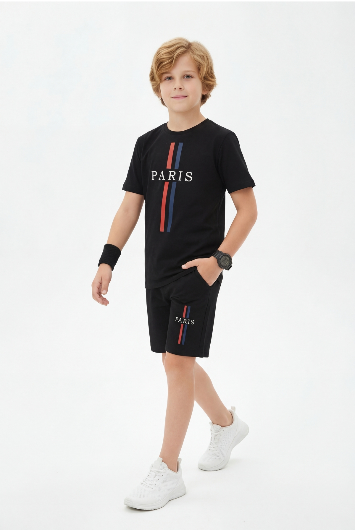 Round Collar Summer Paris Print Detailed Capri Boys' Bottom Top Set