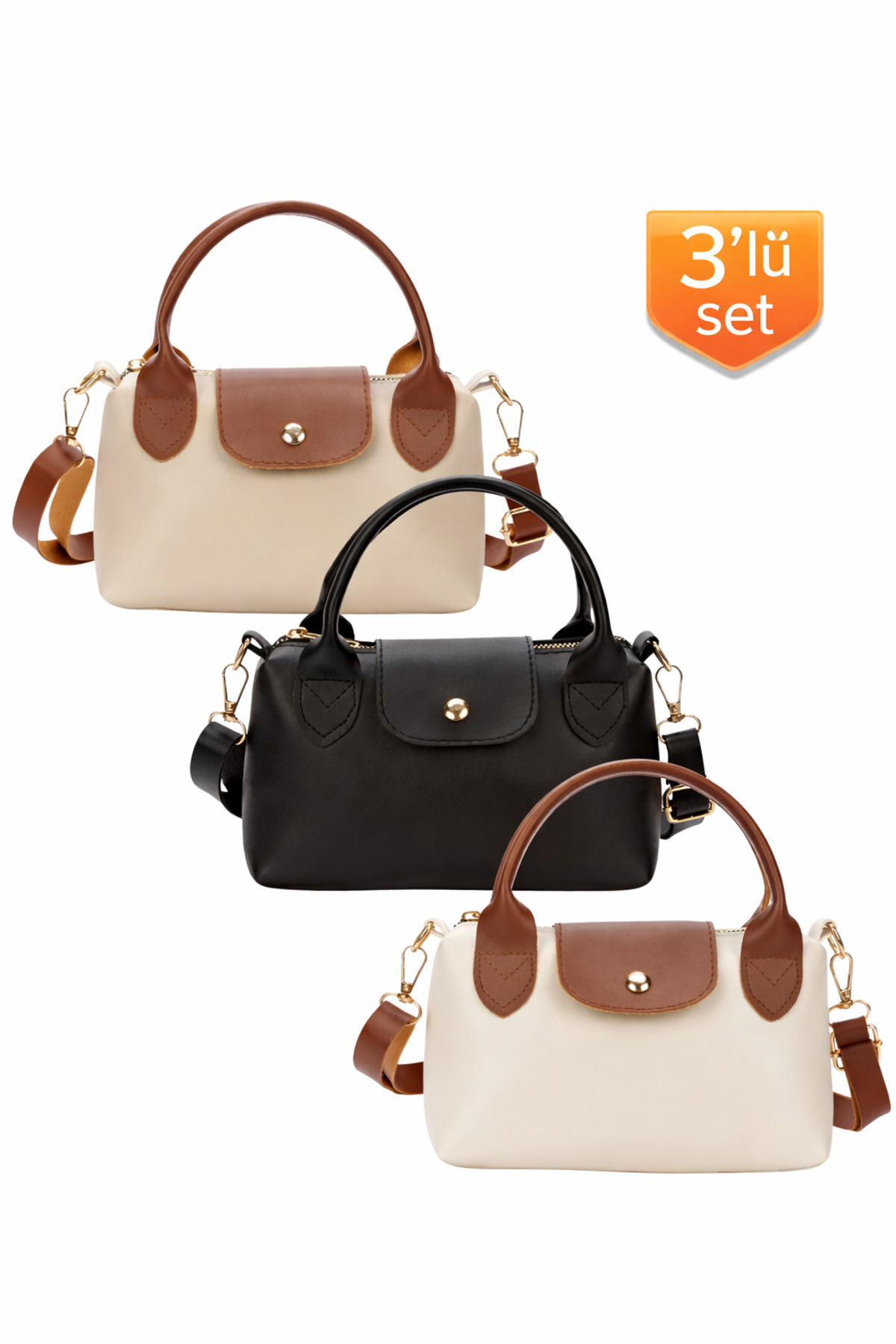 3-Piece Bag Pack Women's Minimalist Hand and Shoulder Bag with Cross Strap 3 Pcs Bags Black Cream and Beige