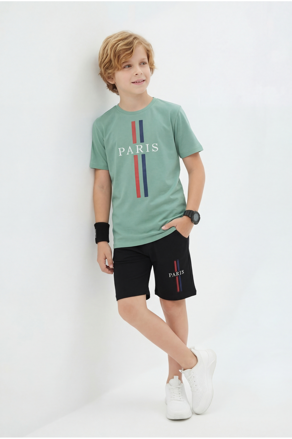 Round Collar Summer Paris Print Detailed Capri Boys' Bottom Top Set