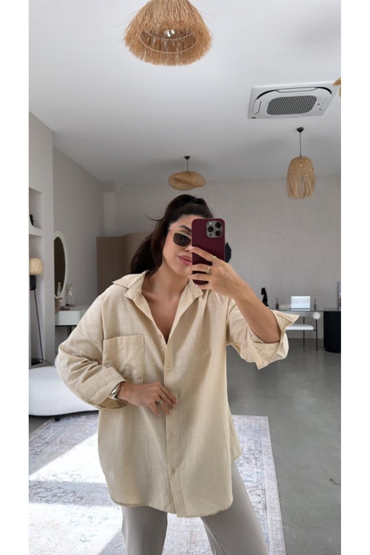 GETFAY Kadın Tek Cepli Over Size Ketem Gömlek-Vizon fotoğrafı 4 (önizleme)