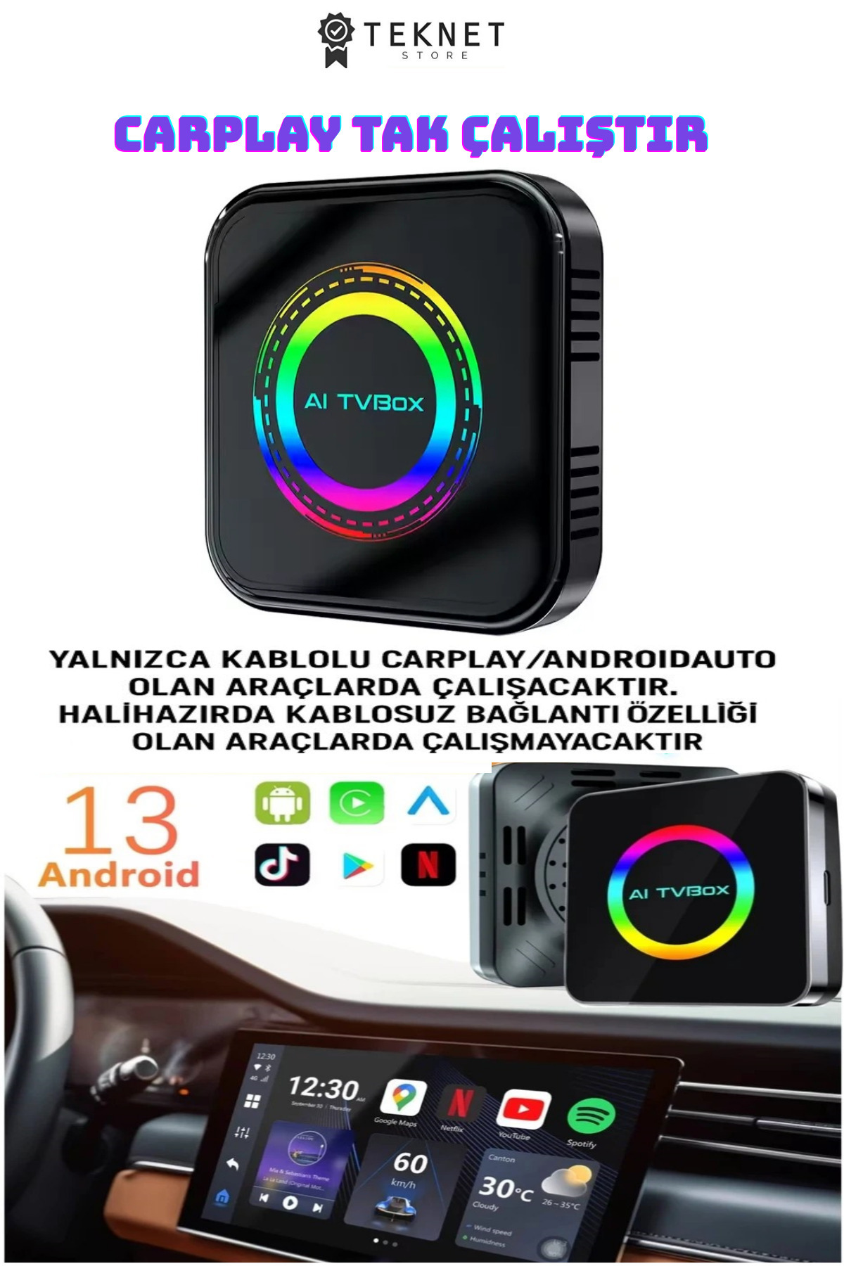 TEKNETSTORE Araba Carplay Android Auto Box 4GB Ram 32GB Hafıza