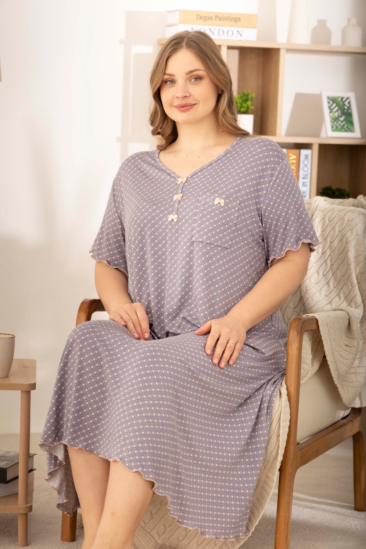 Lilac Patterned Ring Viscose Short Sleeve Plus Size Dress