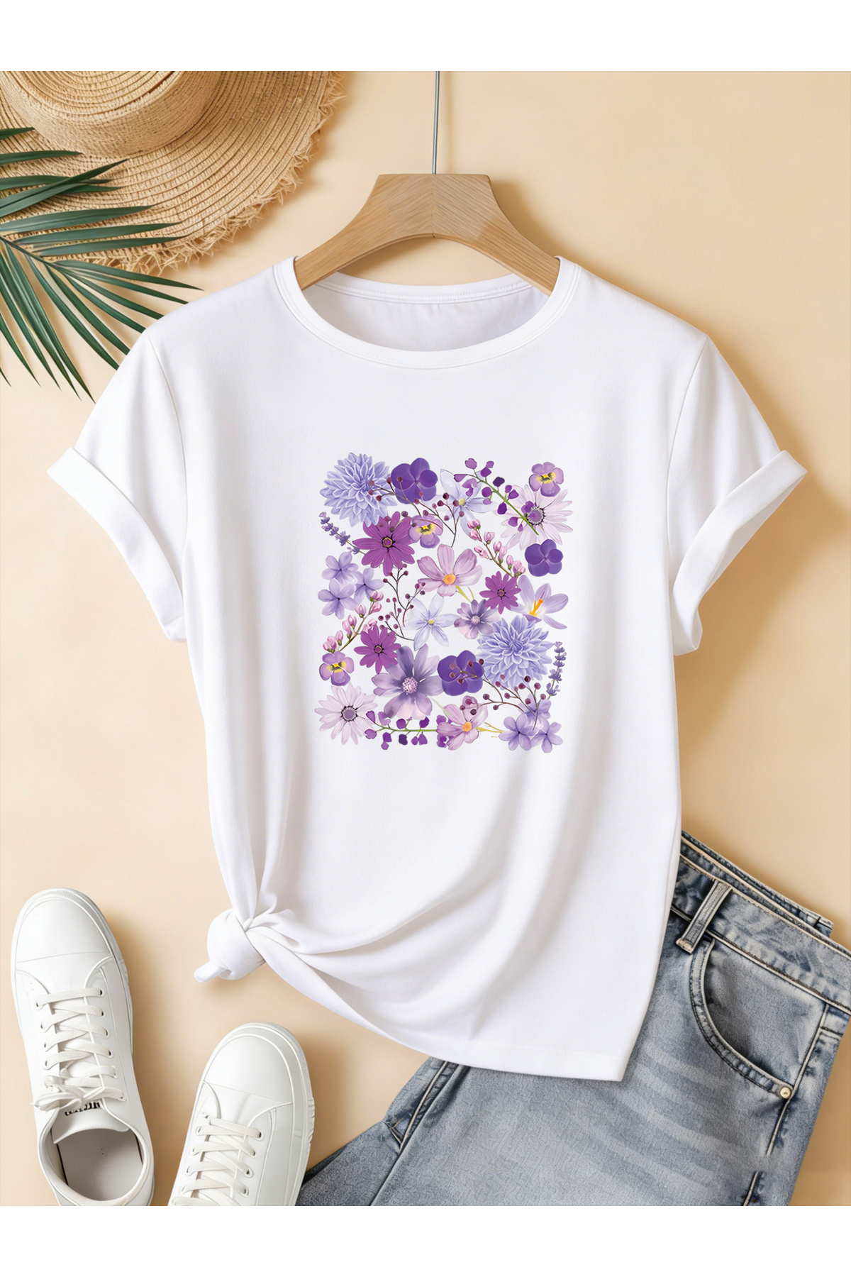Women's Floral Printed Crew Neck Regular Mold Oversize T-shirt