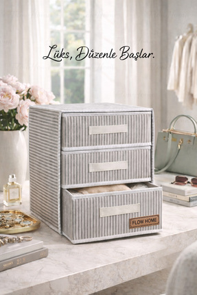 Flow Home 3 Gözlü 3 Katlı Çekmece Dolap İçi Organizer Kumaş Takı Çorap İç Çam...