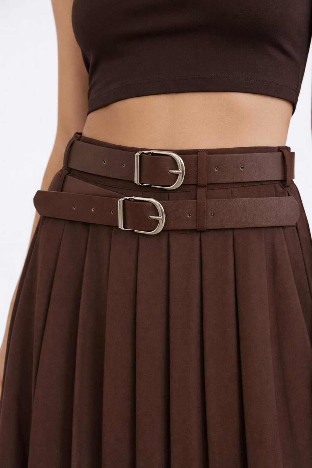 kikiriktekstil  10936 Kadın Çift Kemerli Yan Yırtmaç Pileli Kumaş Etek - Görsel 3