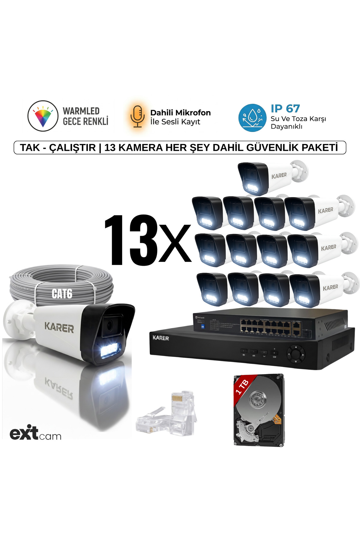 13'lü IP KAMERA-POELİ-5MP-ULTRA HD-4K 1920 ÇÖZÜNÜRLÜK-SESLİ-GECE RENKLİ GÖRÜŞ-İNSAN ve PLAKA ALGILAM Görsel 1
