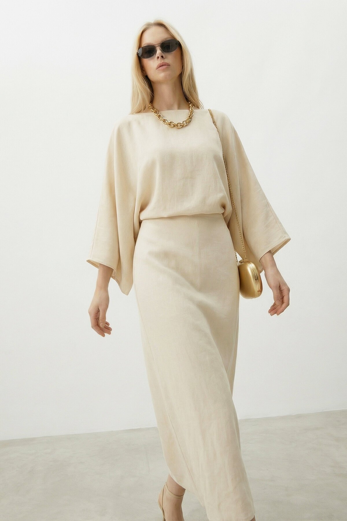 VAGGON  Salaş Kesim Yarasa Kol Uzun Elbise - Görsel 3