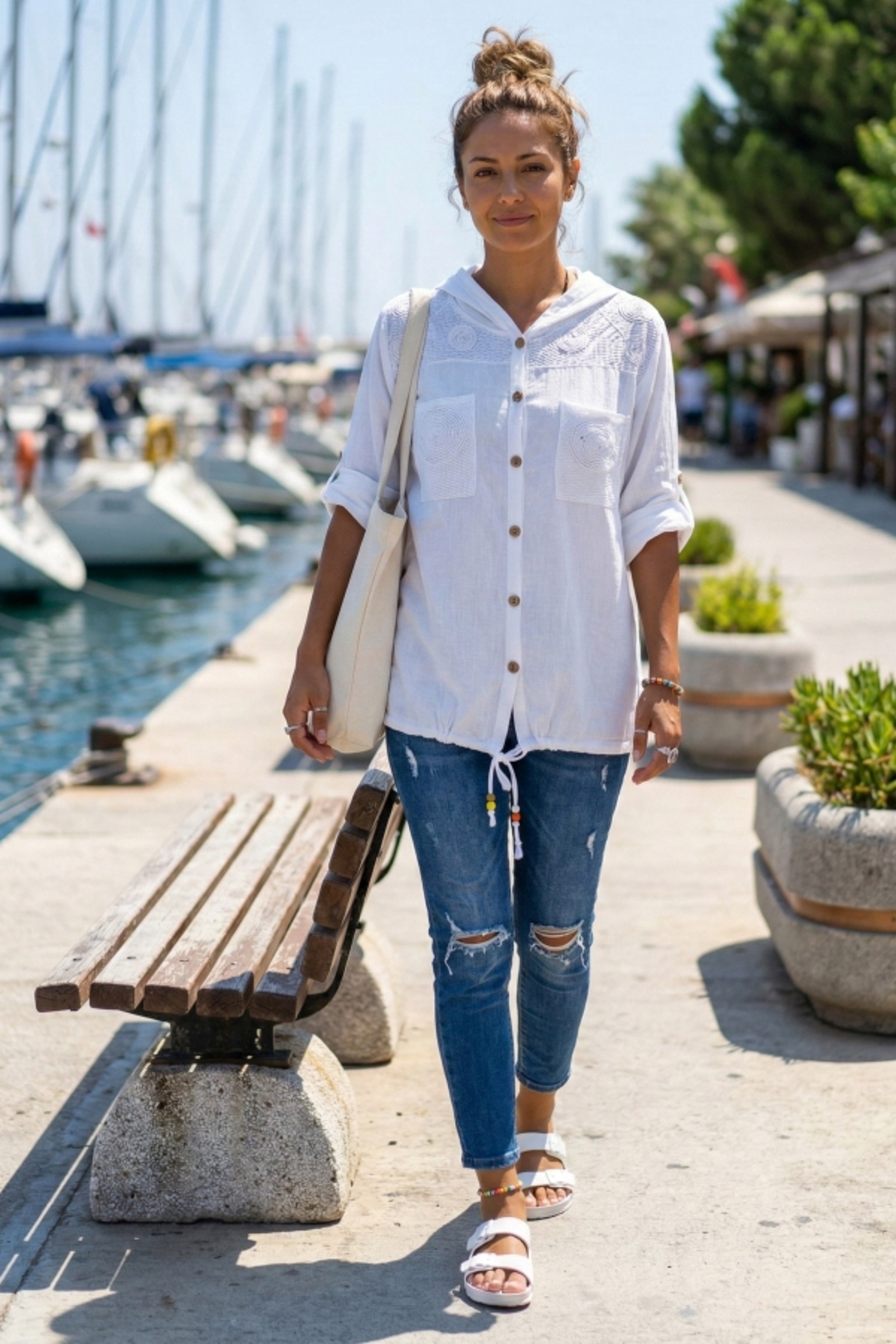 Chiccy  Beyaz 3/4 Kol Cepli Önü Nakışlı Casual Dokuma Ceket 70 65 - Görsel 5