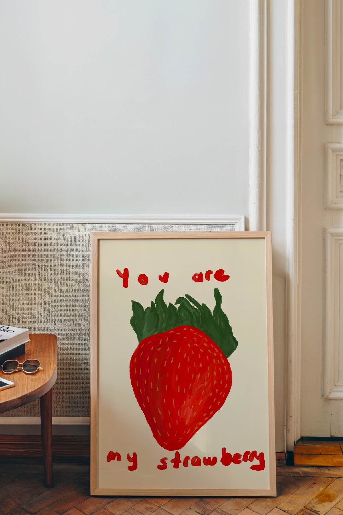 Kırmızı Çilek Poster Romantik Yazılı Tablo Çerçevesiz