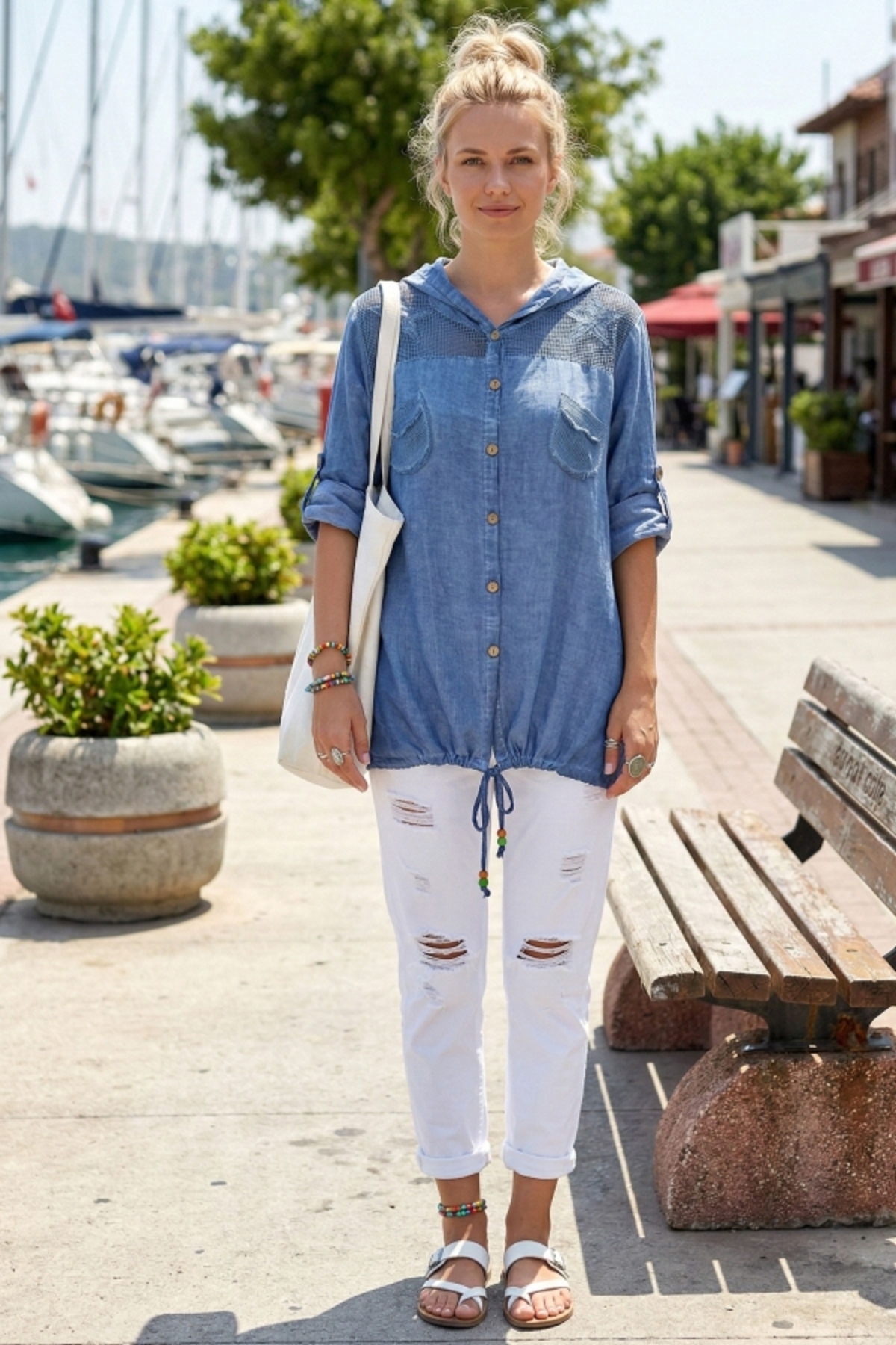 Chiccy  Mavi Uzun Kol Arkası Yıldız Desenli Omuzları File Ve Yıldız Detaylı Casual Dokuma Ceket 0 0 - Görsel 4