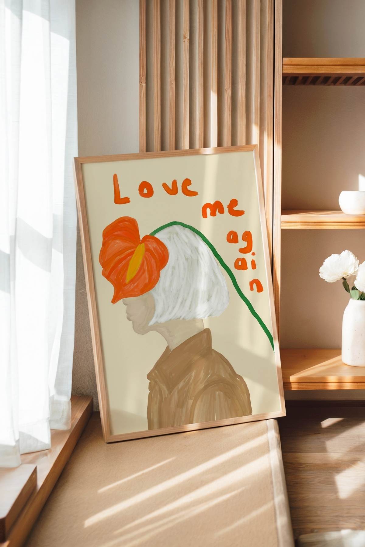 Turuncu Çiçekli Kadın Portre Posteri Modern Dekoratif Duvar Tablosu Çerçevesiz