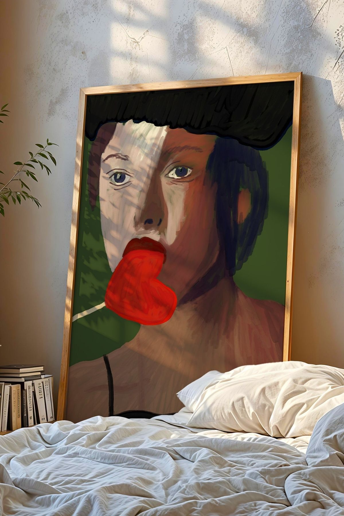 Kırmızı Kalpli Kadın Portre Tablo Posteri Modern Duvar Tablosu Çerçevesiz