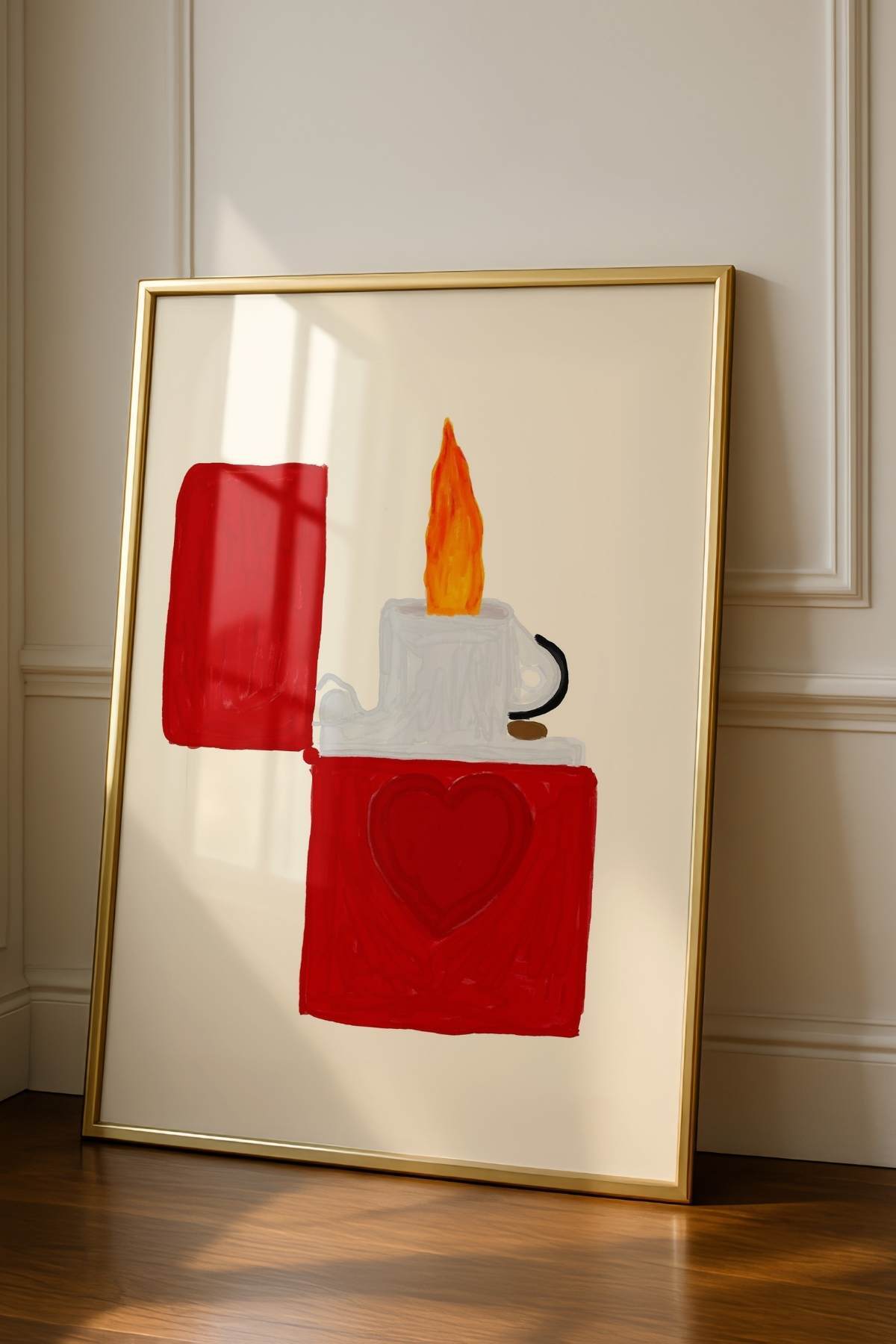 Kırmızı Çakmak ve Kalp Poster Minimal Modern Tablo Salon Duvar Dekoru Çerçevesiz
