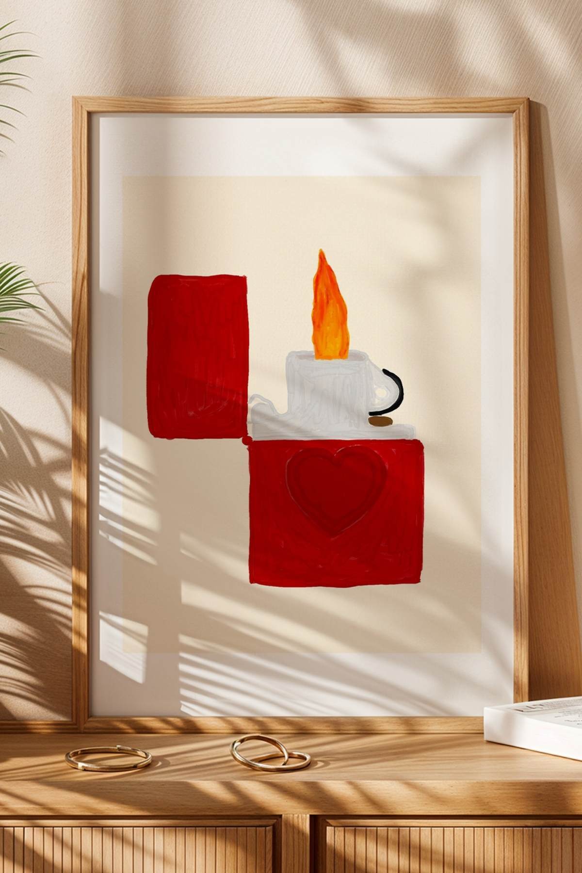 Kırmızı Çakmak ve Kalp Poster Minimal Modern Tablo Salon Duvar Dekoru Çerçevesiz