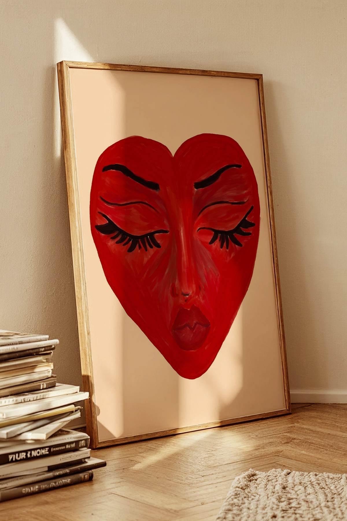 Kırmızı Kalp Yüz Figürlü Poster Soyut Modern Sanat Dekoratif Duvar Tablosu Çerçevesiz