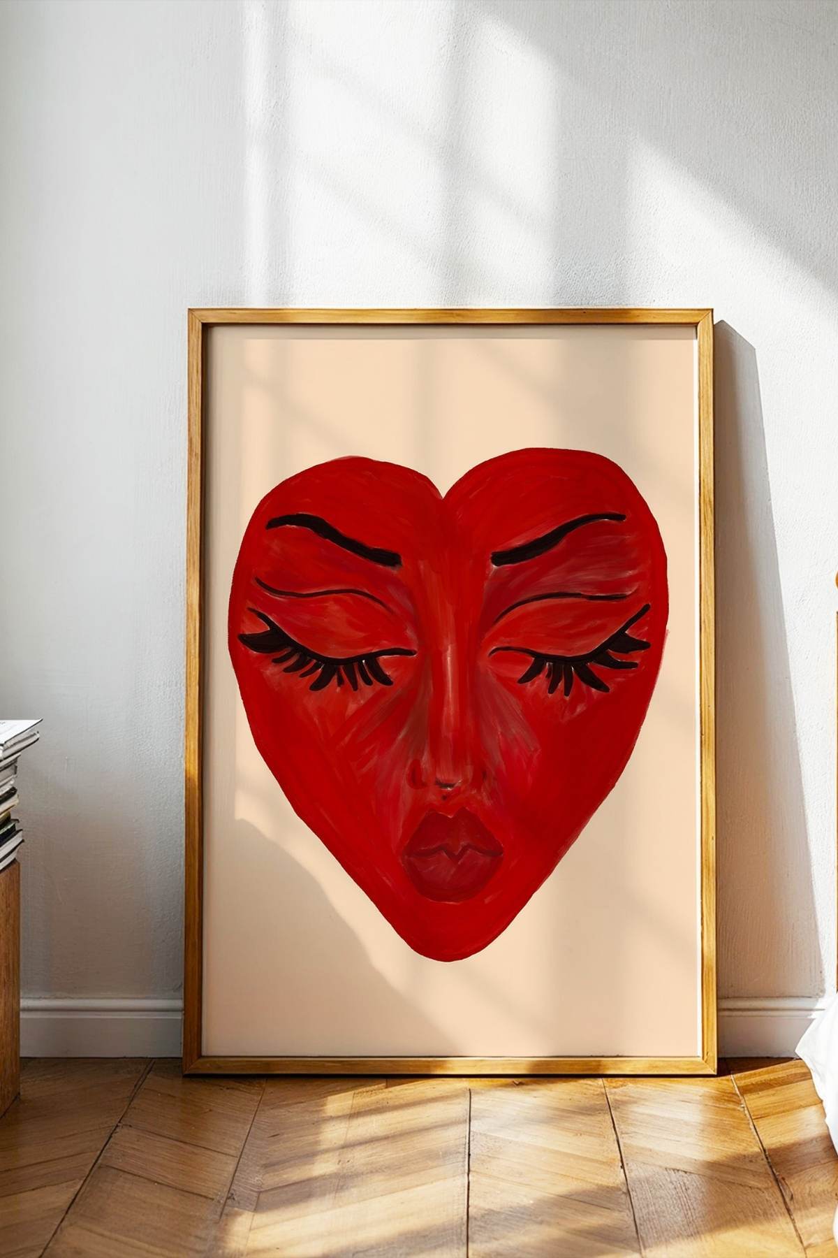 Kırmızı Kalp Yüz Figürlü Poster Soyut Modern Sanat Dekoratif Duvar Tablosu Çerçevesiz