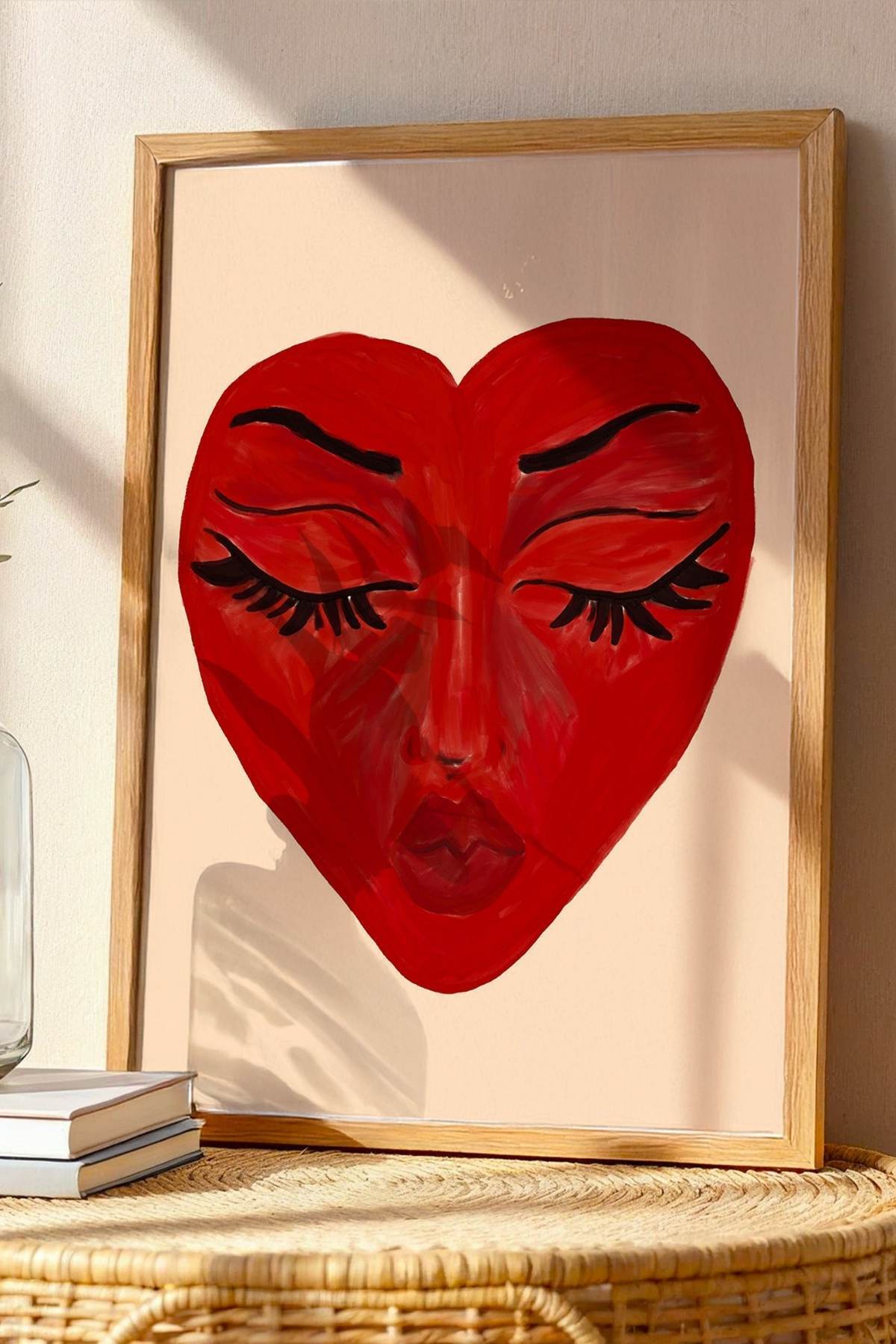 Kırmızı Kalp Yüz Figürlü Poster Soyut Modern Sanat Dekoratif Duvar Tablosu Çerçevesiz