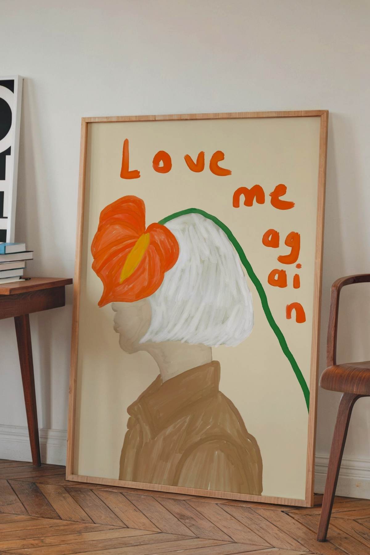 Turuncu Çiçekli Kadın Portre Posteri Modern Dekoratif Duvar Tablosu Çerçevesiz
