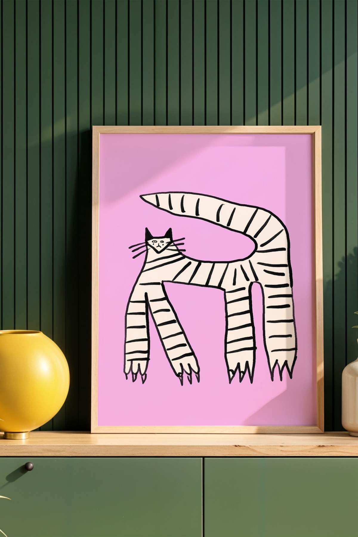 Pembe Çizgili Kedi Tablo Modern Poster Duvar Dekoru Çerçevesiz