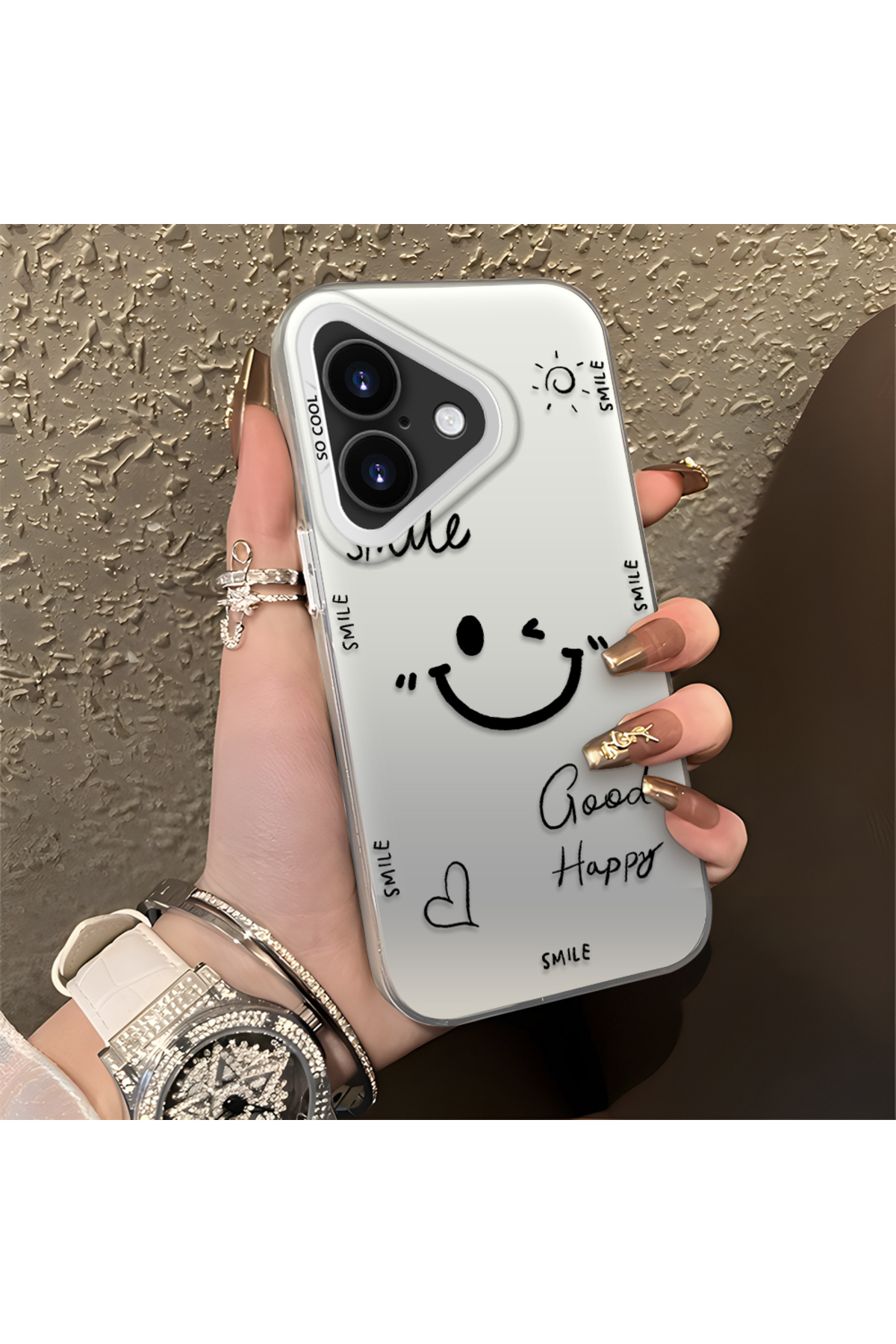 iPhone 16 Plus Compatible Silicone Edge Hard Back Anti Fall Phone Case with Smile Pattern
