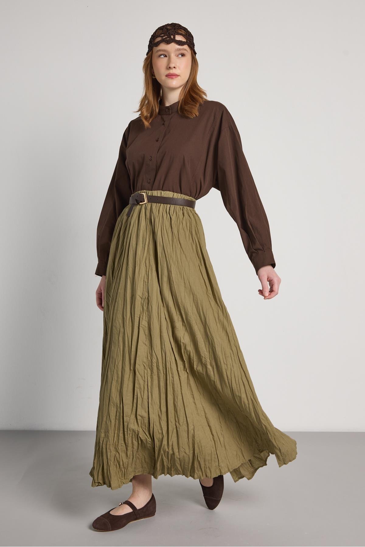 minaaise  Kadın Haki Vual Kumaş Kırışık Uzun Astarlı Etek 29062 - Görsel 4
