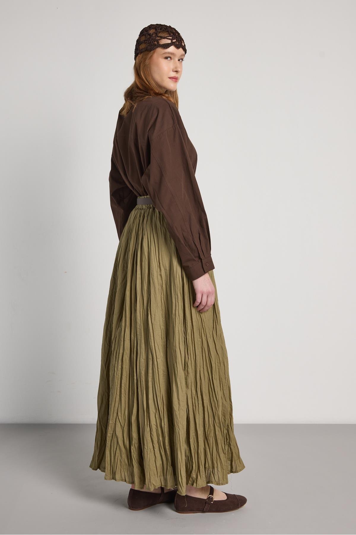 minaaise  Kadın Haki Vual Kumaş Kırışık Uzun Astarlı Etek 29062 - Görsel 6