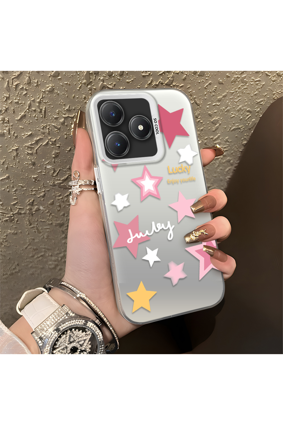Realme C61 Compatible Colored stars Silicone Edge Hard Back Anti Fall Phone Case